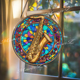 Saxophone Stained Glass Suncatcher, Round Musical Instrument Window Panel, Jazz Music Lover Gift, Colorful Musician Home Decor