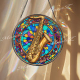 Saxophone Stained Glass Suncatcher, Round Musical Instrument Window Panel, Jazz Music Lover Gift, Colorful Musician Home Decor