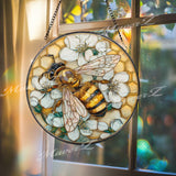 Bee Stained Glass Suncatcher, Round Honeycomb and Flower Window Panel, Pollinator Garden Nature Home Decor Gift for Bee Lovers