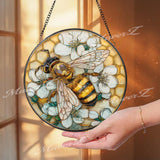 Bee Stained Glass Suncatcher, Round Honeycomb and Flower Window Panel, Pollinator Garden Nature Home Decor Gift for Bee Lovers