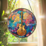 Guitar Stained Glass Suncatcher, Round Musical Instrument Window Panel, Colorful Music Lover Gift, Jazz Rock Musician Home Decor