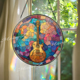 Guitar Stained Glass Suncatcher, Round Musical Instrument Window Panel, Colorful Music Lover Gift, Jazz Rock Musician Home Decor