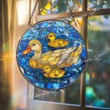 Duck and Ducklings Stained Glass Suncatcher, Round Pond Window Panel, Yellow Waterfowl Family Nature Home Decor Gift for Bird Lovers