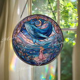 Whale Stained Glass Suncatcher, Round Fantasy Ocean Window Panel with Moon and Girl, Mystical Nautical Home Decor Gift