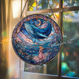 Whale Stained Glass Suncatcher, Round Fantasy Ocean Window Panel with Moon and Girl, Mystical Nautical Home Decor Gift