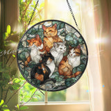 Cat Family Stained Glass Suncatcher, Round Window Panel with Five Cats and Green Leaves, Feline Lover Home Decor Gift