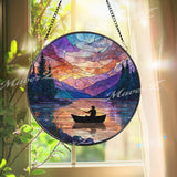 Fishing Stained Glass Suncatcher, Round Lake Sunset Window Panel with Mountains and Forest, Outdoor Nature Art Glass Hanging for Cabin Decor