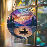 Fishing Stained Glass Suncatcher, Round Lake Sunset Window Panel with Mountains and Forest, Outdoor Nature Art Glass Hanging for Cabin Decor
