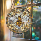 Bee Stained Glass Suncatcher, Round Floral Window Panel with Yellow Flowers, Nature Garden Art Glass Hanging, Gift for Bee and Flower Lovers