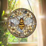 Bee Stained Glass Suncatcher, Round Floral Window Panel with Yellow Flowers, Nature Garden Art Glass Hanging, Gift for Bee and Flower Lovers