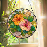 Hibiscus Stained Glass Suncatcher, Round Tropical Flower Window Panel with Seashells, Colorful Garden Art Glass Hanging for Nature Lovers
