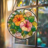 Hibiscus Stained Glass Suncatcher, Round Tropical Flower Window Panel with Seashells, Colorful Garden Art Glass Hanging for Nature Lovers