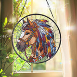 Horse Stained Glass Suncatcher, Round Equine Window Panel with Colorful Feathers, Western Boho Art Glass Hanging, Gift for Horse Lovers