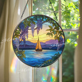 Sailboat Stained Glass Suncatcher, Round Ocean Sunset Window Panel with Wisteria Flowers, Nautical Art Glass Hanging for Coastal Home Decor