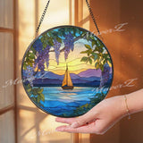 Sailboat Stained Glass Suncatcher, Round Ocean Sunset Window Panel with Wisteria Flowers, Nautical Art Glass Hanging for Coastal Home Decor
