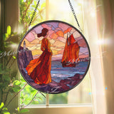 Lady and Sailboat Stained Glass Suncatcher, Round Ocean Sunset Window Panel with Lighthouse, Nautical Art Glass Hanging