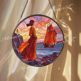 Lady and Sailboat Stained Glass Suncatcher, Round Ocean Sunset Window Panel with Lighthouse, Nautical Art Glass Hanging