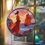 Lady and Sailboat Stained Glass Suncatcher, Round Ocean Sunset Window Panel with Lighthouse, Nautical Art Glass Hanging