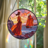 Lady and Sailboat Stained Glass Suncatcher, Round Ocean Sunset Window Panel with Lighthouse, Nautical Art Glass Hanging