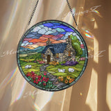 Cottage Stained Glass Suncatcher, Round Country House Window Panel with Sheep and Garden Flowers, Colorful Nature Art Glass Hanging Decor
