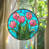 Tulip Stained Glass Suncatcher, Round Floral Window Panel with Pink Flowers and Green Leaves, Colorful Garden Art Glass Hanging Home Decor
