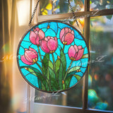 Tulip Stained Glass Suncatcher, Round Floral Window Panel with Pink Flowers and Green Leaves, Colorful Garden Art Glass Hanging Home Decor