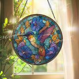 Hummingbird Stained Glass Suncatcher, Round Floral Window Panel with Morning Glories, Colorful Nature Art Glass Hanging