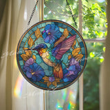 Hummingbird Stained Glass Suncatcher, Round Floral Window Panel with Morning Glories, Colorful Nature Art Glass Hanging
