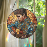 Guitarist Stained Glass Suncatcher, Round Musician Window Panel with Acoustic Guitar, Colorful Art Glass Hanging, Gift for Music Lovers