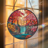 Waterfall Stained Glass Suncatcher, Round Nature Window Panel with Autumn Forest and River, Colorful Landscape Glass Hanging for Home Decor
