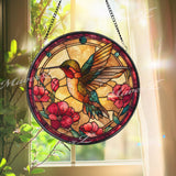 Hummingbird Stained Glass Suncatcher, Round Floral Window Panel with Red Flowers, Colorful Nature Art Glass Hanging, Gift for Bird Lovers