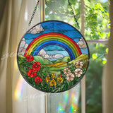 Rainbow Stained Glass Suncatcher, Round Colorful Window Panel with Flowers and Clouds, Nature Art Glass Hanging, Gift for Home