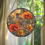 Quail Stained Glass Suncatcher, Round Bird Window Panel with Orange Poppies, Colorful Nature Art Glass Hanging, Gift for Bird