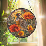 Quail Stained Glass Suncatcher, Round Bird Window Panel with Orange Poppies, Colorful Nature Art Glass Hanging, Gift for Bird