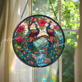 Peacock Stained Glass Suncatcher, Round Exotic Birds Window Panel with Flowers, Colorful Nature Art Glass Hanging, Gift for Bird Lovers