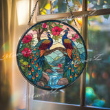 Peacock Stained Glass Suncatcher, Round Exotic Birds Window Panel with Flowers, Colorful Nature Art Glass Hanging, Gift for Bird Lovers