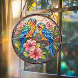 Parrot Stained Glass Suncatcher, Round Tropical Birds Window Panel with Hibiscus Flowers, Colorful Exotic Art Glass Hanging for Bird Lovers