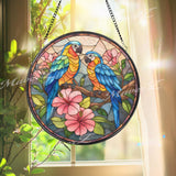 Parrot Stained Glass Suncatcher, Round Tropical Birds Window Panel with Hibiscus Flowers, Colorful Exotic Art Glass Hanging for Bird Lovers