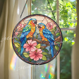 Parrot Stained Glass Suncatcher, Round Tropical Birds Window Panel with Hibiscus Flowers, Colorful Exotic Art Glass Hanging for Bird Lovers