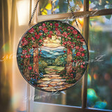 Rose Garden Stained Glass Suncatcher, Round Floral Window Panel with Archway Path, Romantic Nature Art Glass Hanging for Home