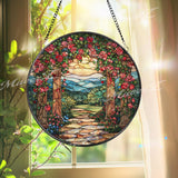 Rose Garden Stained Glass Suncatcher, Round Floral Window Panel with Archway Path, Romantic Nature Art Glass Hanging for Home