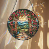 Rose Garden Stained Glass Suncatcher, Round Floral Window Panel with Archway Path, Romantic Nature Art Glass Hanging for Home