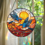 Bluebird Stained Glass Suncatcher, Round Sunset Birds Window Panel, Colorful Nature Art Glass Hanging, Gift for Bird Lovers and Home Decor
