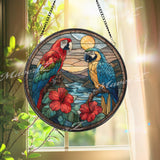 Parrot Stained Glass Suncatcher, Round Tropical Birds Window Panel with Hibiscus Flowers, Colorful Jungle Art Glass Hanging