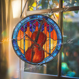 Cello Stained Glass Suncatcher, Round Musical Window Panel with Bow, Colorful String Instrument Art Glass Hanging, Gift for Cellists