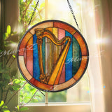 Harp Stained Glass Suncatcher, Round Musical Window Panel, Colorful Celtic Instrument Art Glass Hanging, Gift for Harpists and Music Lovers