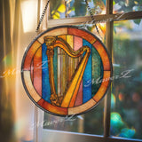 Harp Stained Glass Suncatcher, Round Musical Window Panel, Colorful Celtic Instrument Art Glass Hanging, Gift for Harpists and Music Lovers