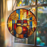 Drum Set Stained Glass Suncatcher, Round Musical Window Panel, Colorful Percussion Art Glass Hanging, Gift for Drummers and Music Lovers