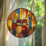 Drum Set Stained Glass Suncatcher, Round Musical Window Panel, Colorful Percussion Art Glass Hanging, Gift for Drummers and Music Lovers