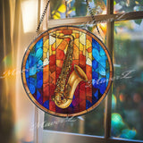 Saxophone Stained Glass Suncatcher, Round Jazz Music Window Panel, Colorful Art Glass Hanging, Gift for Sax Players and Music Lovers